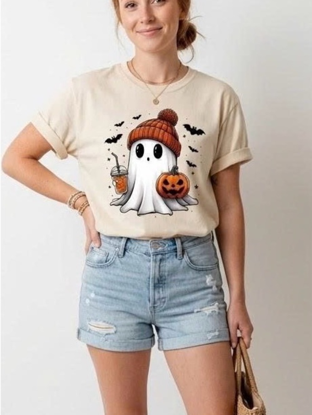 Cute Ghost Beanie Iced Coffee Halloween Graphic Tee Cream Gildan Shirt